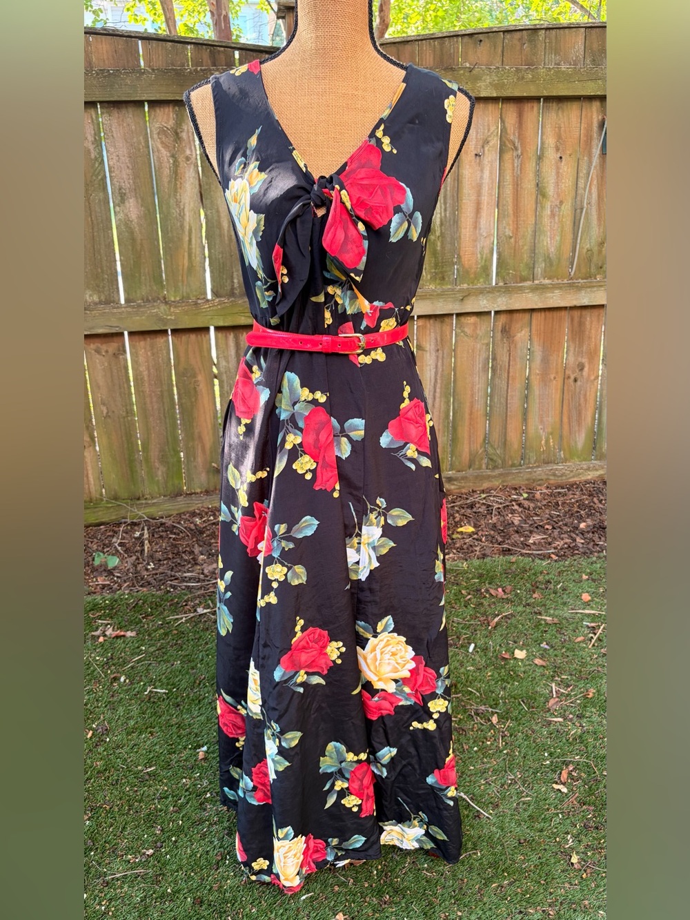 Vintage 90s Ms Choice Black Rose Floral Maxi Dress Made USA Romantic